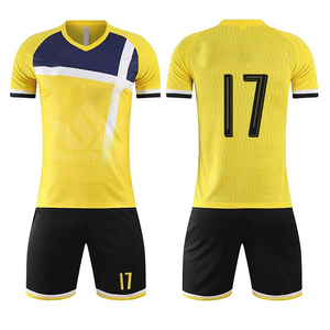 Ensemble de maillots de football personnalisés pour hommes, jaune, marine et blanc, col en V, manches courtes, polyester respirant, uniforme d'équipe personnalisé - Product Image 1