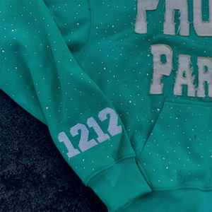 OEM Custom High Quality Winter Vintage Woven Boxy All Over Screen Printing Rhinestone Beaded Zip-Up Men's Cotton Fleece Hoodie - Product Image 2