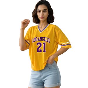 Maglia da basket da donna a maniche corte con scollo a V, vestibilità ampia, in poliestere, per adulti, tutte le stagioni - Ingrosso <span class=keywords><strong>Los</strong></span> <span class=keywords><strong>Angeles</strong></span> 21 - Product Image 1