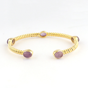 Natural Amethyst Labradorite Cuff <b>Bracelet</b> 18k Gold Plated Twisted Cable Texture Open Bangle Artisan Gemstone Adjustable Jewelry - Product Image 3