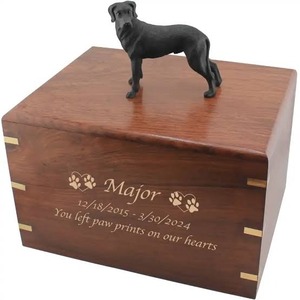 Custom Wooden Pet Cremation Urn With <b>Dog</b> Figurine Brown Finish Personalized Engraved Rectangular Shape Urn For <b>Dog</b> <b>Ashes</b> - Product Image 1