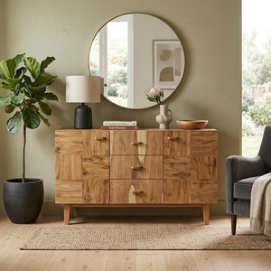 Buffet moderne en bois massif naturel, motif patchwork, 3 tiroirs, 2 armoires, console multimédia pour salon - Product Image 6