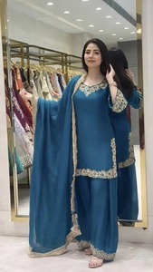 Teal Embroidered Silk Salwar Suit With Dupatta Traditional <b>Indian</b> & Pakistani Wear For Women Loose Fit <b>Top</b> Plazo Dupatta Set - Product Image 2
