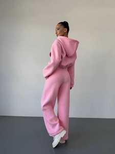 Womens Light <b>Pink</b> Full Zip <b>Tracksuit</b> Heavyweight Hooded Jacket And Matching Wide-Leg Sweatpants Set Two-Piece Casual Streetwear - Product Image 3