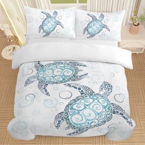 Juego de Ropa de Cama con Temática Acuática de Tortuga Marina, 3 Piezas, Funda de Edredón en Azul Verde Agua, 2 Fundas de Almohada para Amantes de la Playa y el Océano - Product Image 1