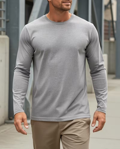 Customized 100% Cotton Men's Long Sleeve T Shirt Knitted O Neck Solid Blank Tee Breathable Front Logo 180g Casual Wear - Product Image 2