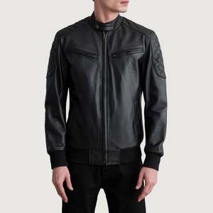 Veste en cuir véritable pour homme FURAT, style moto, col montant, fermeture éclair, coupe classique, couleur unie, pour l'hiver - Product Image 4
