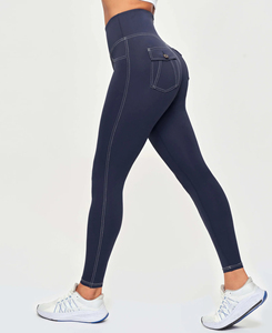 Leggings de yoga taille basse pour femmes, couleur unie, avec poches, surpiqûres contrastées, longueur intégrale, extensibles dans quatre directions, taille élastique, en Spandex/Nylon, séchage rapide - Product Image 2