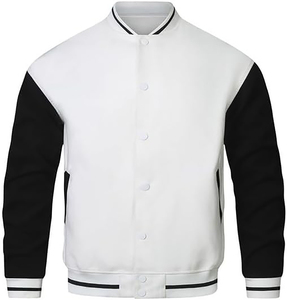 <b>Men's</b> <b>White</b> Varsity <b>Jacket</b> With Black Sleeves Stand Collar Button Closure Casual Autumn Wear - Product Image 1