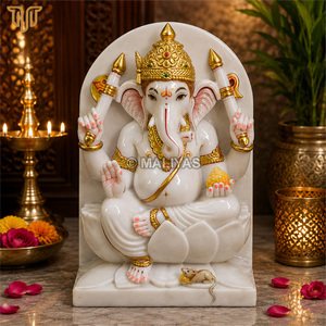 Pure White Marble Ganesh <b>Statue</b> 12 Inch with Arch Backdrop | Handcrafted Lord Ganesha Idol on Lotus Base | Premium Marble Ganpat - Product Image 1