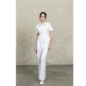 Ensemble de pantalon large et chemisier élégant à manches courtes et col en V pour femme, motif floral, respirant, 100 % coton, style bureau, haute qualité - Product Image 3