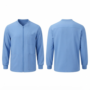 180 GSM Four Way Stretch Polyester Rayon Spandex Men <b>Scrub</b> Jacket Sky Blue <b>Back</b> Yoke Panel Custom Embroidery Print Logo - Product Image 1