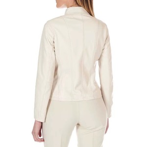 Chaqueta de cuero genuino blanca para mujer, abrigo minimalista de manga larga con cremallera y cuello alto - Product Image 2