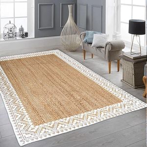 Tapis en jute tressé fait main de haute qualité, motif brodé rectangulaire avec bordure blanche, prix abordable, vente chaude - Product Image 1