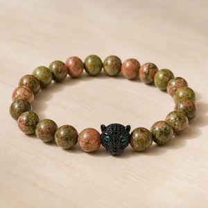 Bracelet en perles rondes en pierre naturelle, micro-pavé CZ, charme animal, tête de léopard panthère, élastique, extensible, pour homme et femme - Product Image 3