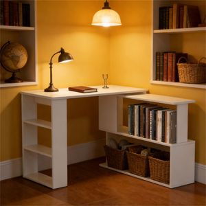 White Home Office Corner <b>Computer</b> <b>Desk</b> with Storage Rack for Writing - Product Image 1