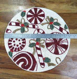 Candy Cane <b>Beaded</b> <b>Placemat</b> Handmade Christmas Table Mat Round Holiday Charger Plate Festive Dining Decor - Product Image 3