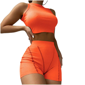 Women Ribbed Knit <b>Crop</b> <b>Top</b> Shorts Set Sleeveless <b>Turtleneck</b> Sporty Printed Streetwear Skinny Fit Polyester Cotton Breathable - Product Image 4