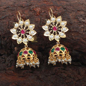 Madhubala Inovamart Gold Plated Brass Jadau Casual Designer Jhumki Drop Earrings for Wedding and Engagement - Product Image 2