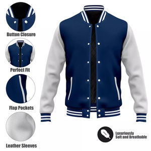 Men's Navy White Varsity <b>Jacket</b> PU Leather Sleeves Button Closure Flap Pockets Preppy Style Autumn Wear - Product Image 1