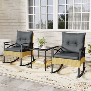 Ensemble de 3 chaises à bascule en rotin d'extérieur avec table d'appoint à 2 niveaux pour jardin et cour - Product Image 2