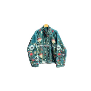Wholesale Unisex Floral Embroidery Jacket 100% Cotton Velvet Knitted Stand Collar Quilted Jacket Regular Winter Jacket <b>Coat</b> - Product Image 1