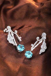 Luxury Chandelier <b>Earrings</b> With Blue Topaz And <b>Diamond</b> Asscher Cut Geometric Design For Women Wedding Jewelry - Product Image 5