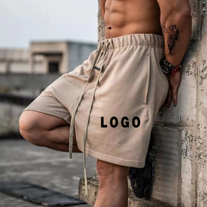 Pantalones cortos de algodón beige sólido para hombre, con cordón ajustable en la cintura, estilo casual, de longitud media, con logo frontal, conjuntos de pantalones cortos para hombre - Product Image 4