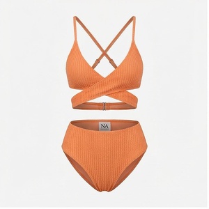 Orange Ribbed 2 Piece Bikini Set <b>Crossed</b> Halter <b>Top</b> High Waist Bottom Women Swimwear - Product Image 1