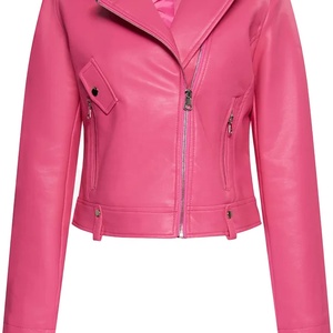 Chaqueta de cuero genuino personalizada para mujer, estilo motero, color rosa brillante, corte unisex, cuello vuelto, longitud corta - Product Image 5