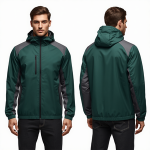 Chaqueta Cortavientos Verde Bosque para Hombre, Suministro de Fábrica, Chaqueta Exterior de Poliéster con Capucha Premium, Diseño Moderno con Paneles, Cuello Alto Largo - Product Image 4