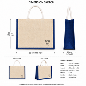 Eco-Friendly Jute Beach Shopping <b>Bag</b> <b>Medium</b> <b>Size</b> Keep It Simple Print Blue Trim Hand Carry Grocery Tote - Product Image 2