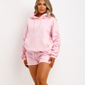 Women Plus Size Pink Hooded <b>Tracksuit</b> Set Solid Color Full Sleeve Shorts Casual Spring Wear With Side Pockets Drawstring Closure - Product Image 1