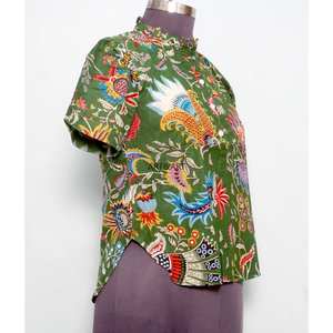 Tunique de plage décontractée pour femme en coton imprimé floral vintage, col rond, manches mi-longues bouffantes et évasées, style moderne et charmant - Product Image 4