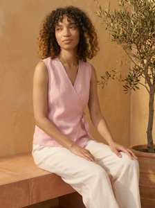 Women Vintage Sleeveless Blouse V-Neck <b>Wrap</b> Tie Solid <b>Pink</b> Breathable Eco-Friendly Office ODM Spring Summer Top - Product Image 1