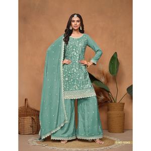 Traje Plazzo de Seda Chinon Ligero de Última Moda con Bordado de Lentejuelas, Vestido Sharara para Mujer, Estilo Indio Pakistaní, para Bodas - Product Image 4