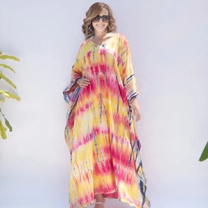 Tie Dye Floor-length Long Sleeve V-neck Breathable Beach Cover up Bohemian Abaya for Women Drawstring Kaftan Gypsy Formal Cotton - Product Image 1