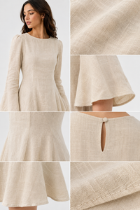 Vestido Midi Bohemio de Lino/Algodón Beige |   Camiseta Hecha a Mano con Cuello Redondo, Mangas Acampanadas y Espalda con Abertura, Ecológica, Transpirable, Corte Moderno para Uso Diario - Product Image 6