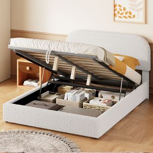 Cama de Plataforma Tapizada en Terciopelo Teddy Blanco, Tamaño Completo, con Sistema de Almacenamiento Hidráulico - Product Image 1