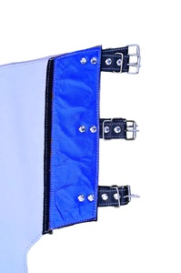 Custom Wholesale Rodeo Chaps - Handcrafted White and Blue Leather Bull Riding Chaps with Fringe & Geometric Inlays - Product Image 2