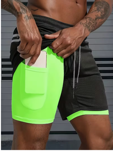 Pantalones Cortos Deportivos de Compresión para Hombre, con Bolsillo para Teléfono, Secado Rápido, Cintura con Cordón, Verde y Negro, Algodón Ecológico, Ropa Deportiva Urbana - Product Image 1