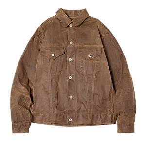 Chaqueta de mezclilla encerada marrón para hombre, cuello vuelto, cierre de botones, estilo workwear, manga regular, color sólido, lavado, para otoño - Product Image 3