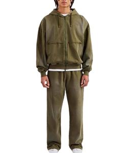 Chándales de lavado ácido de invierno de alta calidad 100% algodón de manga larga ropa de calle hombres hombro caído desgastado cremallera chándales - Product Image 3