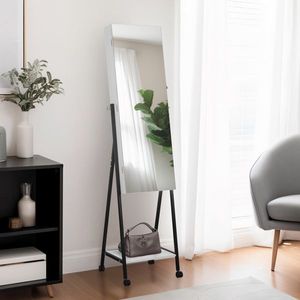 Full <b>Mirror</b> Wooden Floor Type 1 Shelf 4 Wheels White Light Strip Jewelry Storage <b>Makeup</b> Vanity <b>Mirror</b> Cabinet White - Product Image 1