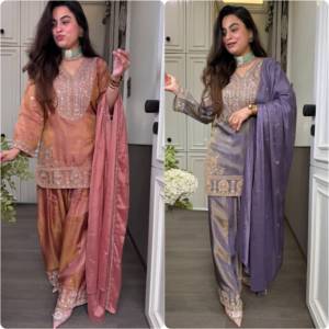 Conjunto de traje Salwar Kameez de gasa bordada morada para mujer con dupatta, cuello en V, largo completo, elegante, para fiesta - Product Image 5