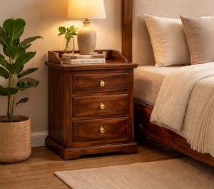 Traditional Solid Wood Bedside <b>Table</b> with 3 Drawers | Classic Wooden Nightstand | Premium Bedroom Furniture Jodhpur - Product Image 1