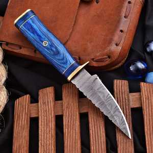Cuchillo utilitario EDC de hoja fija de 8 pulgadas de acero de Damasco de grado industrial con punta caída y filo recto, mango de madera azul, de UA Supplies - Product Image 2