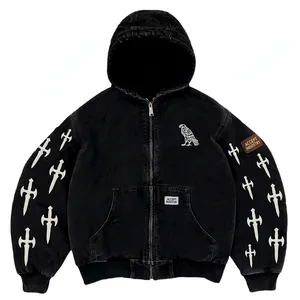 Custom Acid Wash Dagger Cross Sword Puff Print <b>Sleeve</b> Falcon Embroidery YKK Zip Up Boxy <b>Hoodie</b> - Product Image 1
