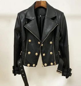 Blouson Biker Femme en Cuir Véritable à Double Boutonnage et Fermeture Éclair, Col Étendu, Manches Longues, Noir, Automne, en Coton Tricoté Coupe-Vent - Product Image 3