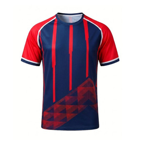 Camiseta Deportiva de Manga Corta para Hombre, Color Azul Marino y Rojo, con Patrón Geométrico, Cuello Redondo, Tejido de Punto de Secado Rápido, Corte Regular, Camiseta Moderna - Product Image 2